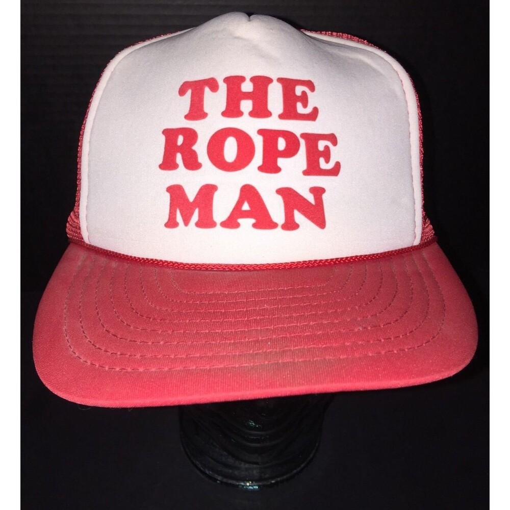 Vintage THE ROPE MAN Red & White Mesh Back Trucker Hat Cap Snapback HIPSTER